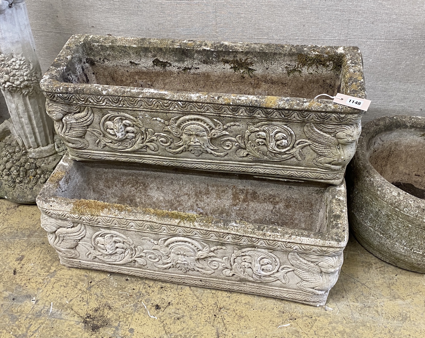A set of three rectangular reconstituted stone garden troughs, width 72cm, depth 24cm, height 24cm